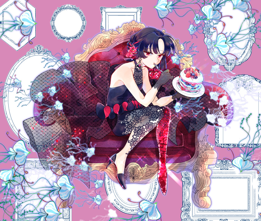 1girl bangs beatrice_(pixiv_fantasia_last_saga) black_dress black_footwear black_hair braid breasts chilcy35 couch dessert dress earrings eating fishnet_fabric flower food fruit gem hair_flower hair_ornament high_heels highres jewelry parted_bangs pixiv_fantasia pixiv_fantasia_last_saga red_eyes red_gemstone red_ribbon ribbon ribbon_braid shoes short_hair single_shoe sitting sleeveless sleeveless_dress small_breasts strawberry