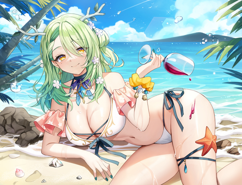 1girl alcohol antlers bangs beach bikini braid braided_bangs branch breasts ceres_fauna choker cup detached_sleeves drinking_glass feet_out_of_frame fingernails flower green_hair hair_between_eyes hair_flower hair_ornament hololive hololive_english hongsi jewelry large_breasts long_hair looking_at_viewer lying mole mole_under_eye nail_polish ocean on_side one_side_up outdoors palm_tree pendant rock seashell shell side-tie_bikini single_braid skindentation smile solo swimsuit thigh_strap tree virtual_youtuber water water_drop wet white_bikini white_flower wine wine_glass yellow_eyes