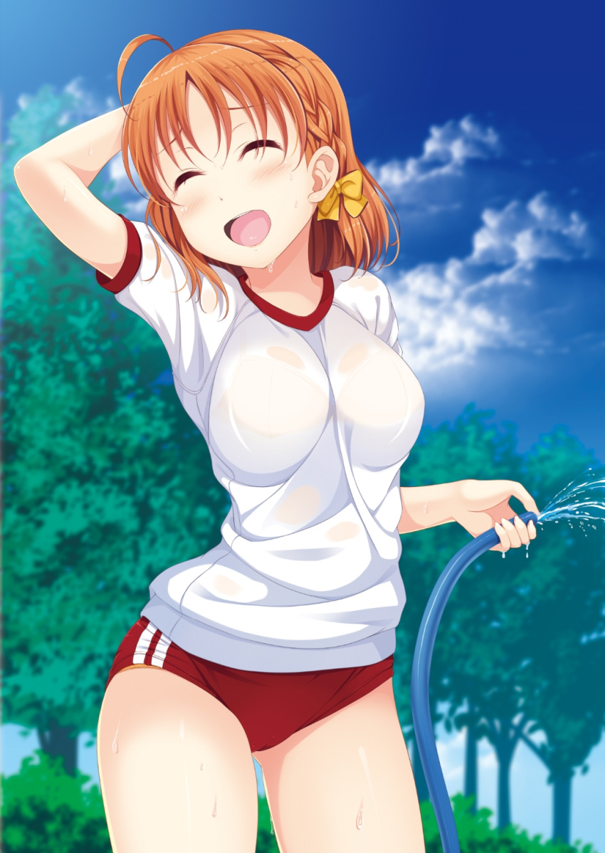 1girl ahoge arm_behind_head bangs blush bow braid buruma closed_eyes commentary cowboy_shot day eyebrows_behind_hair gym_shirt gym_uniform hair_bow highres hino_minato_(spec.c) holding holding_hose hose love_live! love_live!_sunshine!! medium_hair open_mouth orange_hair orange_panties outdoors panties panty_peek red_buruma shirt side_braid solo takami_chika tongue tree underwear wet wet_clothes wet_shirt white_shirt yellow_bow