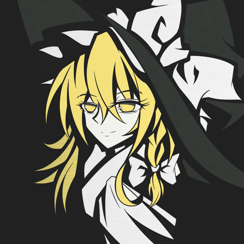 1girl bangs black_background black_headwear blonde_hair bow closed_mouth commentary cowboy_shot duojiaomaotou-tougarashi english_commentary hair_between_eyes hair_bow hat hat_bow highres kirisame_marisa long_hair simple_background smile solo touhou white_bow witch_hat yellow_eyes