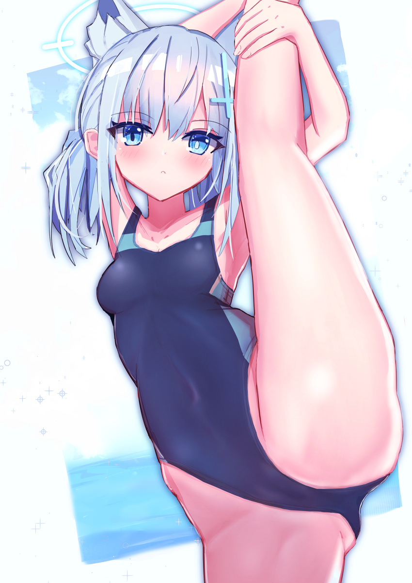1girl animal_ear_fluff animal_ears bangs black_swimsuit blue_archive blue_eyes breasts competition_swimsuit cowboy_shot cross_hair_ornament grey_hair hair_ornament halo highres medium_hair mismatched_pupils one-piece_swimsuit sarla shiroko_(blue_archive) shiroko_(swimsuit)_(blue_archive) small_breasts solo split standing standing_on_one_leg standing_split swimsuit