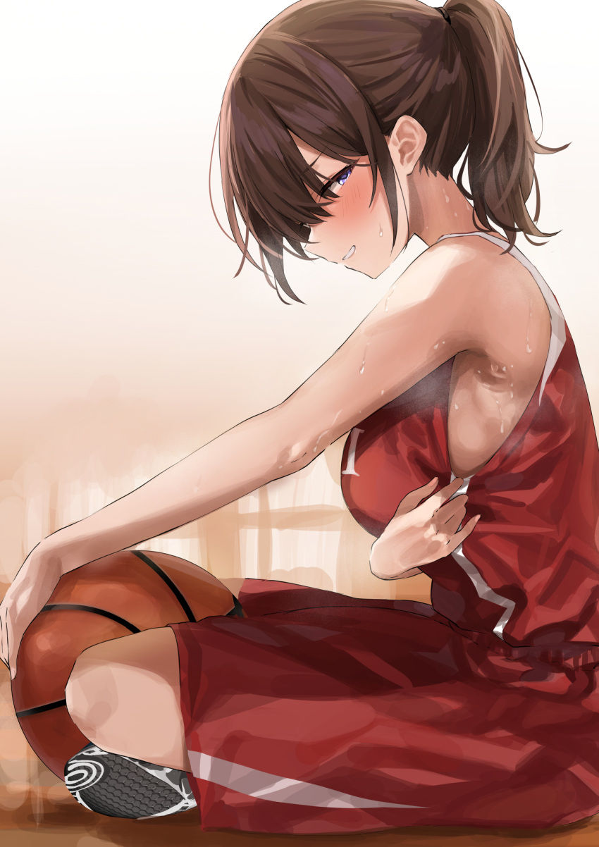 1girl armpits bare_arms bare_shoulders basketball basketball_uniform blue_eyes blush breasts brown_hair commentary_request crossed_legs from_side gym_shorts highres large_breasts looking_at_viewer medium_hair on_floor original ponpon_nun ponytail profile red_shirt red_shorts shirt shorts sitting sleeveless sleeveless_shirt solo sportswear sweat