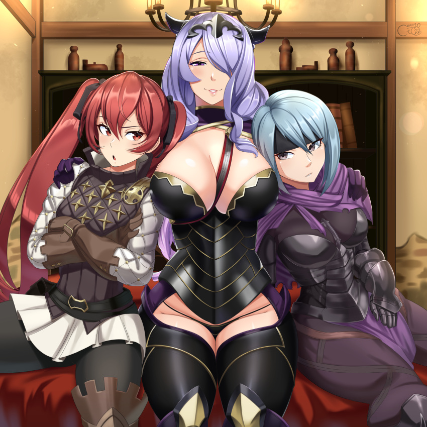 3girls absurdres armor arms_around_neck beruka_(fire_emblem) black_headband blue_hair breastplate breasts brown_eyes brown_gloves camilla_(fire_emblem) capelet castell cleavage fire_emblem fire_emblem_fates gambeson gloves hair_between_eyes hair_ornament hair_over_one_eye headband highres large_breasts long_hair looking_at_viewer multiple_girls parted_lips purple_eyes purple_hair red_eyes red_hair severa_(fire_emblem) short_hair sitting twintails underwear