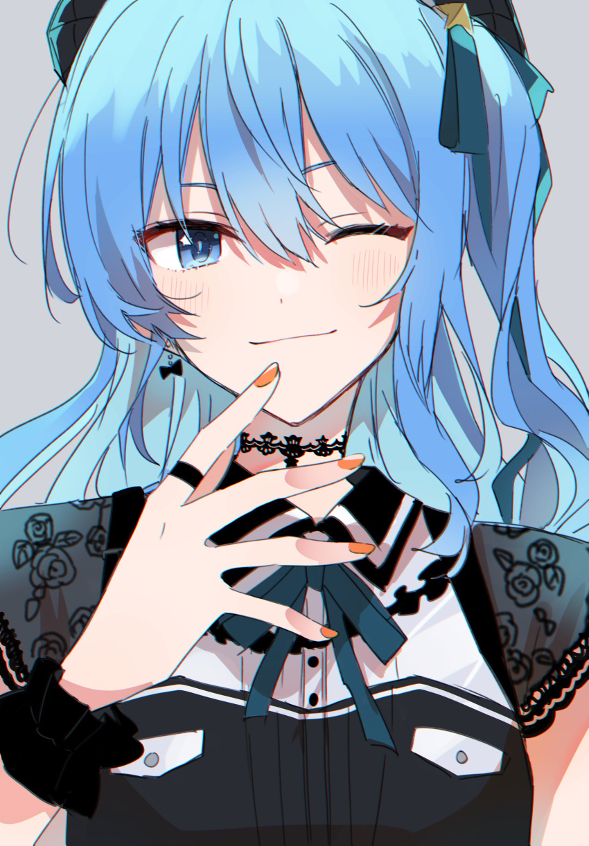1girl ;) absurdres asymmetrical_hair black_choker black_shirt blue_eyes blue_ribbon blush bow bow_earrings breasts choker closed_mouth collared_shirt commentary earrings grey_background hair_between_eyes highres hololive hoshimachi_suisei jewelry lace-trimmed_sleeves lace_trim light_blue_hair long_hair looking_at_viewer monsieur nail_polish neck_ribbon official_alternate_costume one_eye_closed orange_nails ribbon shirt short_sleeves side_ponytail simple_background small_breasts smile solo star_(symbol) star_in_eye symbol_in_eye upper_body virtual_youtuber wing_collar wrist_cuffs