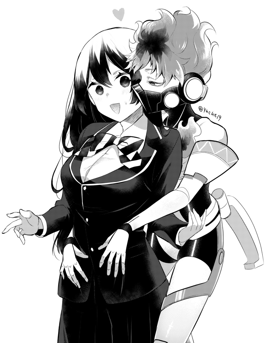 1boy 1girl :d bangs bow bowtie breasts collared_shirt covered_mouth cowboy_shot fire greyscale hair_ornament headphones heart hetero highres hug hug_from_behind jacket joints large_breasts long_hair long_sleeves looking_at_another looking_at_viewer mask mechanical_parts monochrome night_raven_college_uniform ortho_shroud pleated_skirt profile respirator robot_joints shirt short_hair simple_background skirt smile spiked_hair standing striped striped_bow striped_bowtie sweatdrop twisted_wonderland yucke19 yuu_(twisted_wonderland)