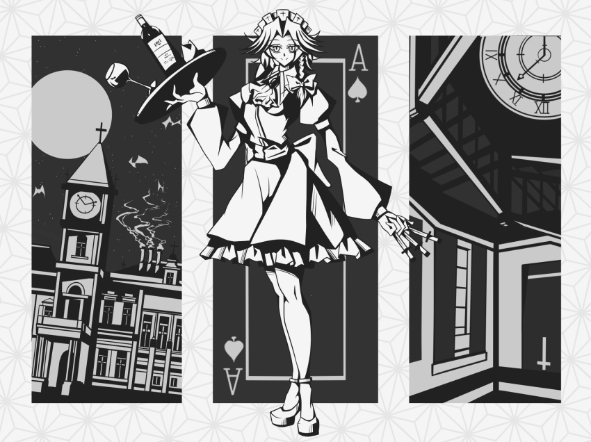 1girl ace_of_spades alcohol bangs bat between_fingers bottle bow braid chinese_commentary clock clock_tower closed_mouth commentary_request cup dress drinking_glass duojiaomaotou-tougarashi frilled_dress frills full_body full_moon greyscale hair_bow high_heels highres holding holding_tray izayoi_sakuya knife looking_at_viewer maid maid_headdress mansion monochrome moon night scarlet_devil_mansion short_hair_with_long_locks side_braid single_braid sky smile solo spade_(shape) star_(sky) starry_sky touhou tower tray wine wine_bottle wine_glass