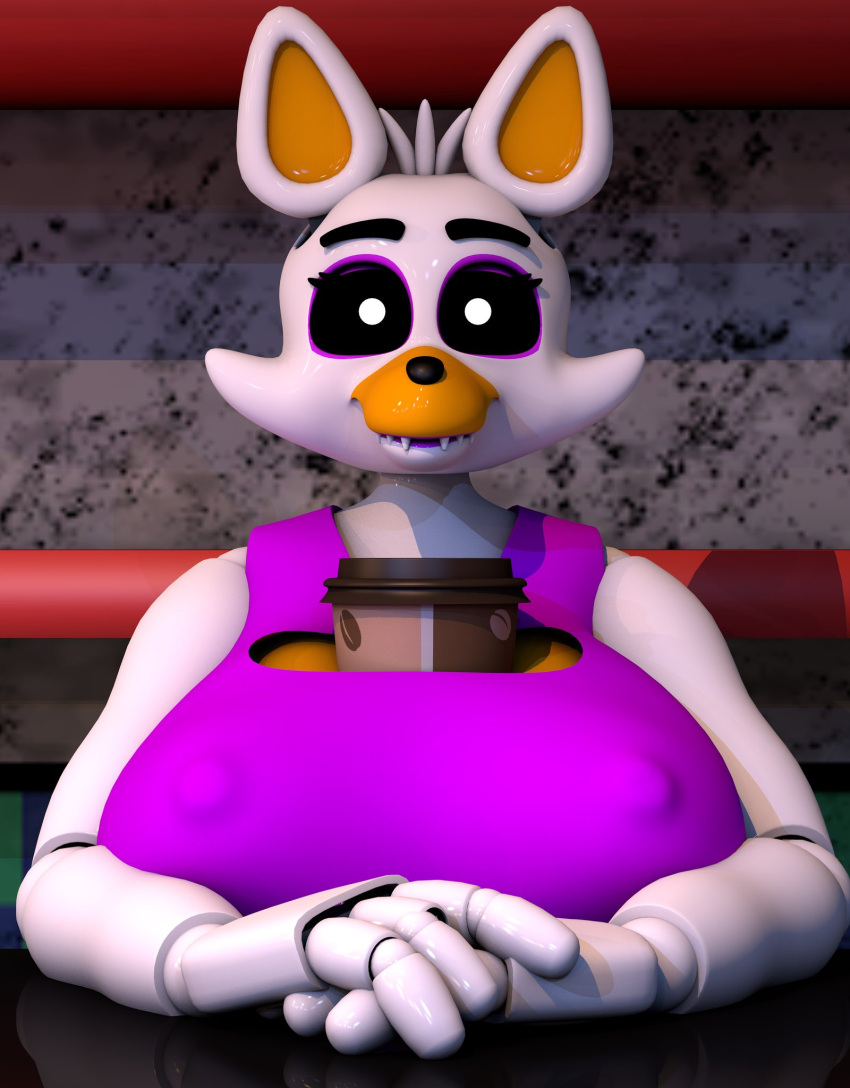 3d_(artwork) 5_fingers animatronic anthro beverage big_breasts black_nose black_sclera bra breasts canid canine clothing coffee coffee_cup container cup detailed_background digital_media_(artwork) female fingers five_nights_at_freddy's five_nights_at_freddy's_world fox geometryboymejia hair head_tuft hi_res lolbit_(fnaf) machine mammal nipple_outline pupils purple_bra purple_cheeks purple_clothing purple_underwear robot scottgames smile solo tuft underwear video_games white_body white_pupils yellow_body