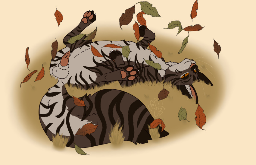 bramblestar_(warriors) brown_body brown_fur claws digital_drawing_(artwork) digital_media_(artwork) domestic_cat erection feet felid feline felis feral feralbeans flat_colors fluffy fluffy_tail fur genitals grass hi_res leaf lying male mammal nude on_back outside pawpads penis plant simple_background smile smirk solo toe_claws toes tuft warriors_(cats) whiskers white_body white_fur