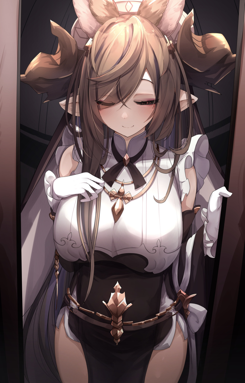 1girl absurdres animal_ears bangs bare_shoulders blush breasts brown_hair closed_eyes closed_mouth detached_sleeves dress elbow_gloves extra_ears frilled_sleeves frills galleon_(granblue_fantasy) gloves granblue_fantasy hair_ornament highres horns large_breasts long_hair multicolored_hair pelvic_curtain pointy_ears rai_(sakuranbo_sugar) smile solo streaked_hair very_long_hair white_gloves