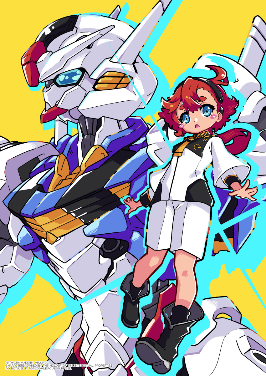 1girl absurdres ahoge artist_name bangs blue_eyes blush_stickers boots english_commentary english_text full_body gundam gundam_aerial gundam_suisei_no_majo hairband highres long_hair looking_at_viewer low_ponytail mecha mobile_suit red_hair robot shorts suletta_mercury upper_body v-fin vistahero yellow_background