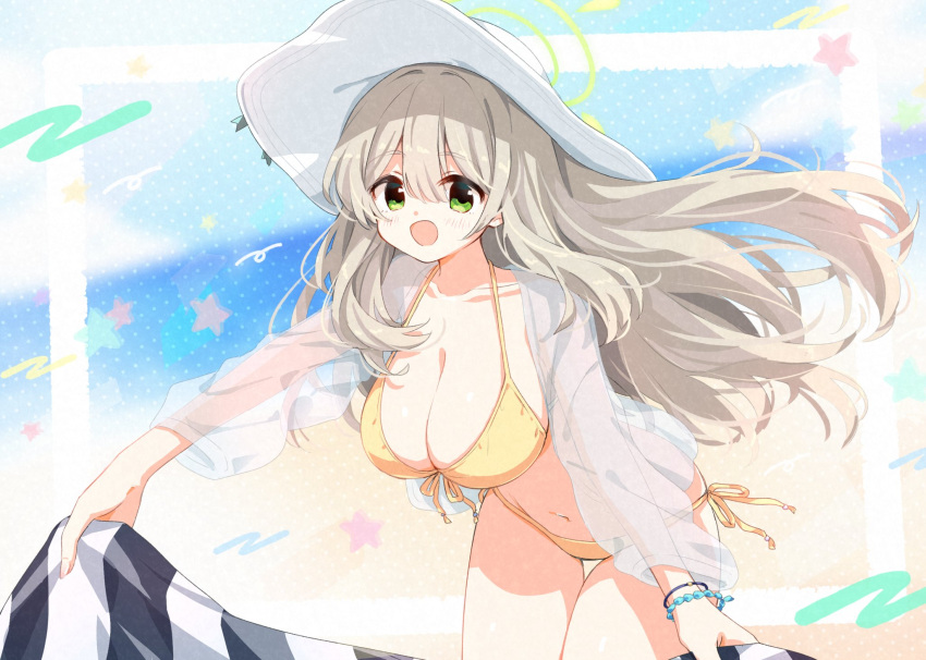 1girl bangs bikini blue_archive blush bracelet breasts cleavage collarbone green_eyes grey_hair halo halter_top halterneck hat highres jacket jewelry large_breasts long_sleeves looking_at_viewer matsuda_hikari navel nonomi_(blue_archive) nonomi_(swimsuit)_(blue_archive) open_mouth see-through see-through_jacket side-tie_bikini solo standing sun_hat swimsuit white_headwear yellow_bikini