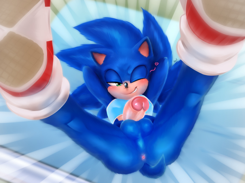 &lt;3 absurd_res anthro anus balls blue_body blue_fur blush bottomless butt clothed clothing eulipotyphlan footwear fur genitals green_eyes hands_behind_back hedgehog hi_res krazyelf male mammal one_eye_closed penis sega shoes smile smiling_at_viewer solo sonic_the_hedgehog sonic_the_hedgehog_(film) sonic_the_hedgehog_(series) topwear video_games wink