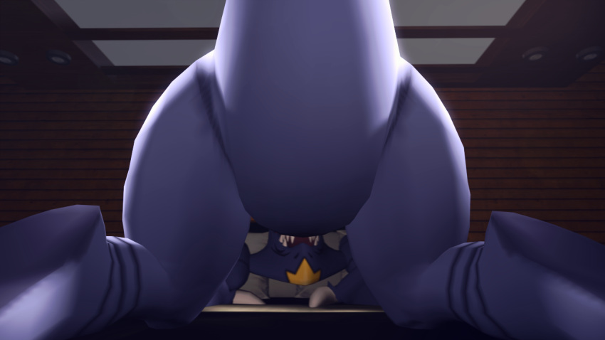 3d_(artwork) ambiguous_gender bed big_butt blue_body butt butt_focus claws digital_media_(artwork) dragon extrachunkthis feral furniture garchomp inside kneeling light lighting nintendo pillow pok&eacute;mon pok&eacute;mon_(species) presenting presenting_hindquarters scalie smile solo source_filmmaker thick_tail thick_thighs under_view upside_down video_games