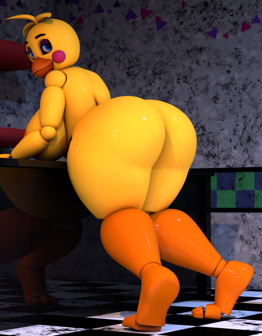 3d_(artwork) absurd_res animatronic anthro areola avian beak big_breasts big_butt big_nipples bird blue_eyes breasts butt chicken detailed_background digital_media_(artwork) female five_nights_at_freddy's five_nights_at_freddy's_2 galliform gallus_(genus) genitals geometryboymejia hair head_tuft hi_res huge_breasts huge_butt huge_hips huge_thighs leaning leaning_forward leaning_on_table looking_at_viewer looking_back looking_back_at_viewer machine nipples non-mammal_breasts non-mammal_nipples nude orange_areola orange_beak orange_nipples phasianid robot rosy_cheeks scottgames solo thick_thighs toy_chica_(fnaf) tuft video_games wide_hips yellow_body