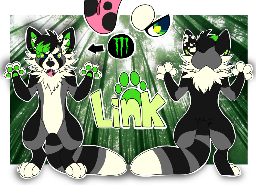 anthro back_tuft black_body black_ears black_fur black_hair black_stripes black_tail black_tongue blep chest_tuft front_view fur glistening glistening_eyes green_eyes green_hair green_inner_ear green_pawpads grey_body grey_fur grey_stripes grey_tail hair inner_ear_fluff male markings model_sheet monster_energy multicolored_hair multicolored_tongue neck_tuft nude pawpads pink_tongue princelykaden rear_view solo standing striped_markings striped_tail stripes tail_markings toeless_(marking) tongue tongue_out tuft two_tone_hair two_tone_tongue white_body white_ears white_fingers white_fur white_inner_ear_fluff white_tail white_toes