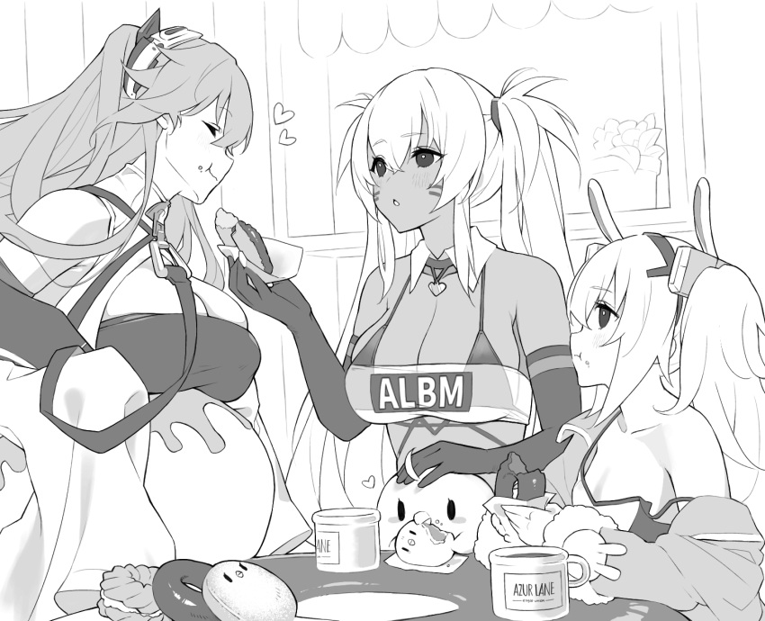 3girls alabama_(azur_lane) anchorage_(azur_lane) animal_ears azur_lane bangs bare_shoulders bikini bikini_under_clothes bird black_bikini black_gloves blush body_markings breasts camisole chick cleavage closed_eyes closed_mouth clothes_writing collarbone commentary_request crossed_bangs cup dark-skinned_female dark_skin detached_collar doughnut eating elbow_gloves facial_mark fake_animal_ears food food_on_face gloves greyscale hair_between_eyes hairband headgear headpat heart highres holding holding_food jacket laffey_(azur_lane) large_breasts long_hair long_sleeves looking_at_another manjuu_(azur_lane) midriff monochrome multiple_girls off_shoulder parted_lips piwka rabbit_ears sidelocks single_bare_shoulder sitting sleeves_past_fingers sleeves_past_wrists small_breasts smile standing strap_slip strapless swimsuit tube_top twintails upper_body very_long_hair very_long_sleeves whisker_markings white_camisole white_hair white_tube_top