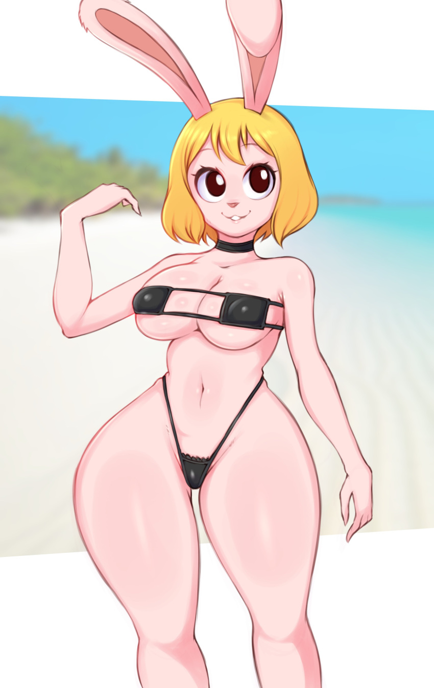 2022 absurd_res anthro big_breasts blonde_hair breasts carrot_(one_piece) clothing female fur hair hi_res lagomorph leporid looking_at_viewer mammal minkmen_(one_piece) navel one_piece rabbit saltyxodium solo swimwear white_body white_fur