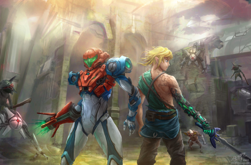 ambiguous_gender armor back_to_back being_watched blin_(tloz) blue_eyes bokoblin clothing crossover detailed_background e.m.m.i. female group headgear helmet hi_res human humanoid humanoid_pointy_ears hylian lehis link looking_at_another machine male mammal master_sword melee_weapon metroid nintendo robot samus_aran signature surrounded sword the_legend_of_zelda video_games weapon
