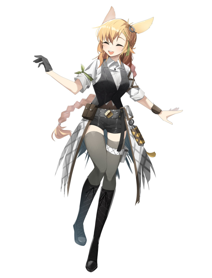 1girl animal_ears arknights armband black_footwear black_gloves black_legwear black_shorts black_vest blonde_hair boots braid braided_ponytail closed_eyes collared_shirt full_body gloves gomulgong green_ribbon hair_ribbon hand_up highres knee_boots kroos_(arknights) kroos_the_keen_glint_(arknights) long_hair official_alternate_costume open_mouth rabbit_ears ribbon shirt short_sleeves shorts simple_background single_glove solo standing teeth thighhighs upper_teeth very_long_hair vest white_background white_shirt