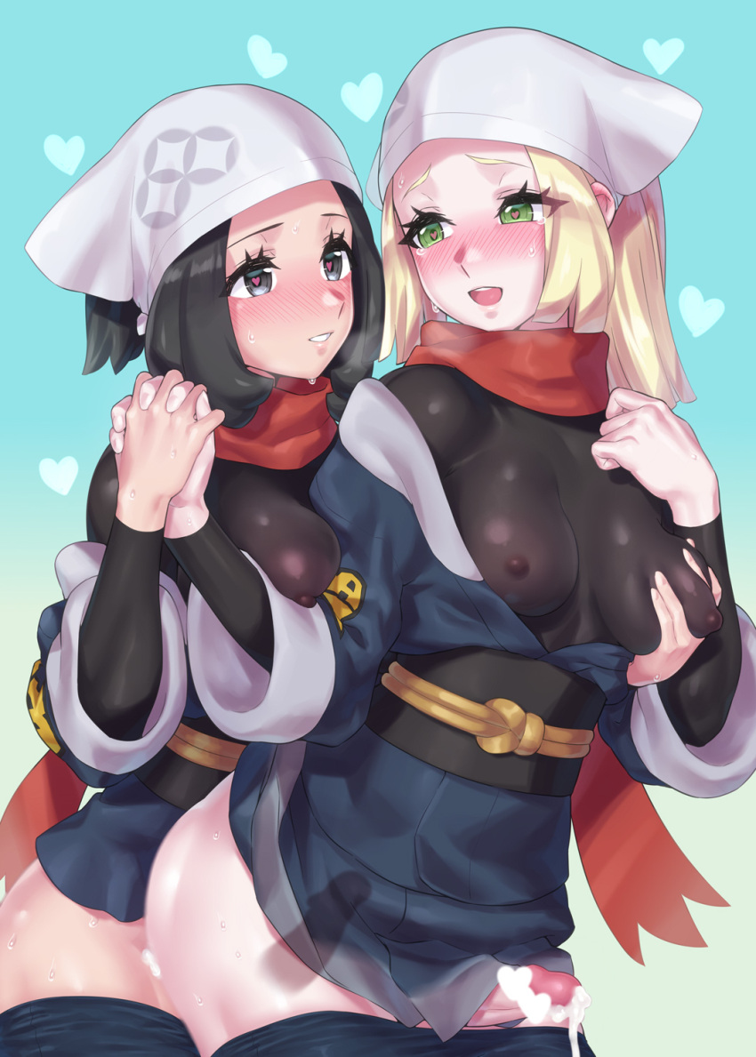 2girls akari_(pokemon) akari_(pokemon)_(cosplay) alternate_costume black_eyes black_hair blonde_hair breast_grab breasts censored cosplay cum futa_with_futa futanari grabbing grabbing_from_behind head_scarf heart heart-shaped_pupils heart_censor highres holding_hands interlocked_fingers lillie_(pokemon) looking_at_another medium_breasts mizuumi_(bb) multiple_girls open_mouth parted_lips penis pokemon pokemon_(game) pokemon_legends:_arceus pokemon_sm selene_(pokemon) sex sex_from_behind short_hair smile symbol-shaped_pupils white_headwear x-ray