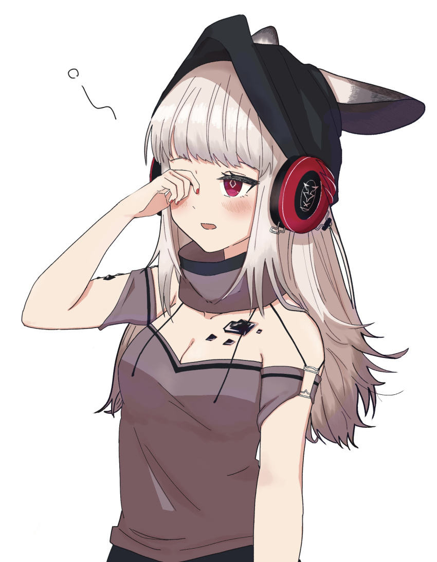 1girl animal_ears arknights beanie black_headwear blush breasts cleavage cowboy_shot diamond-shaped_pupils diamond_(shape) ears_through_headwear fox_ears frostleaf_(arknights) grey_hair grey_shirt hand_up hat headphones highres implied_extra_ears long_hair nolo_(rokisonin_r) o-ring o-ring_top off-shoulder_shirt off_shoulder open_mouth oripathy_lesion_(arknights) red_eyes red_nails rubbing_eyes shirt simple_background sleepwear small_breasts solo symbol-shaped_pupils white_background