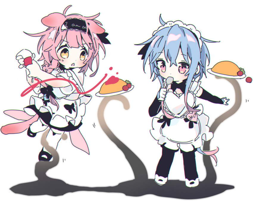 1boy 1girl alternate_costume animal_ears apron arknights bangs black_bow black_footwear black_gloves black_hairband black_legwear black_skirt blue_hair blush bottle bow braid cat_ears cat_girl cat_tail cherry_tomato clothes_writing creator_connection elbow_gloves english_text enmaided food frilled_apron frills gloves goldenglow_(arknights) hair_between_eyes hair_bow hairband heart highres holding holding_bottle holding_spoon ketchup ketchup_bottle long_hair maid maid_headdress mizuki_(arknights) multicolored_hair naguru_(cyoroama) omurice own_hands_together pantyhose parted_lips pink_eyes pink_hair plate shirt shoes short_sleeves simple_background single_braid skirt spoon sweat tail tentacles thighhighs tomato two-tone_hair utensil_in_mouth white_apron white_background white_footwear white_gloves white_legwear white_shirt yellow_eyes