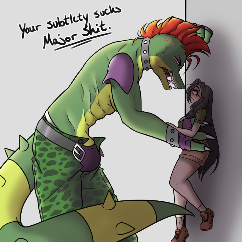 against_surface against_wall alligator alligatorid animatronic anthro belt blush bulge charlie_(fnaf) clothing crocodilian cross-popping_vein duo female five_nights_at_freddy's five_nights_at_freddy's:_security_breach green_body gshattering hair hi_res human imminent_sex machine male male/female mammal montgomery_gator_(fnaf) pinned reptile robot scalie scottgames size_difference unzipped video_games