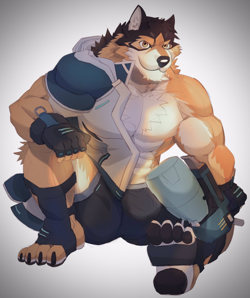 abs anthro barrel_(live-a-hero) biceps bottomwear canid canine canis claws clothing hi_res lifewonders live-a-hero male mammal mukum_1am muscular muscular_anthro muscular_male pawpads pecs shorts solo swimwear toy toy_gun video_games water_gun wolf