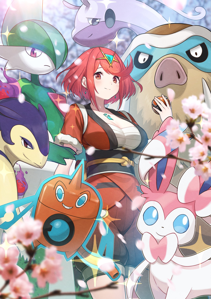 1girl absurdres alternate_costume bangs breasts cherry_blossoms chest_jewel crossover gallade gem green322 headpiece highres holding holding_poke_ball large_breasts poke_ball poke_ball_(legends) pokemon pokemon_(game) pokemon_legends:_arceus pyra_(xenoblade) red_eyes red_hair rotom rotom_(wash) short_hair swept_bangs sylveon xenoblade_chronicles_(series) xenoblade_chronicles_2