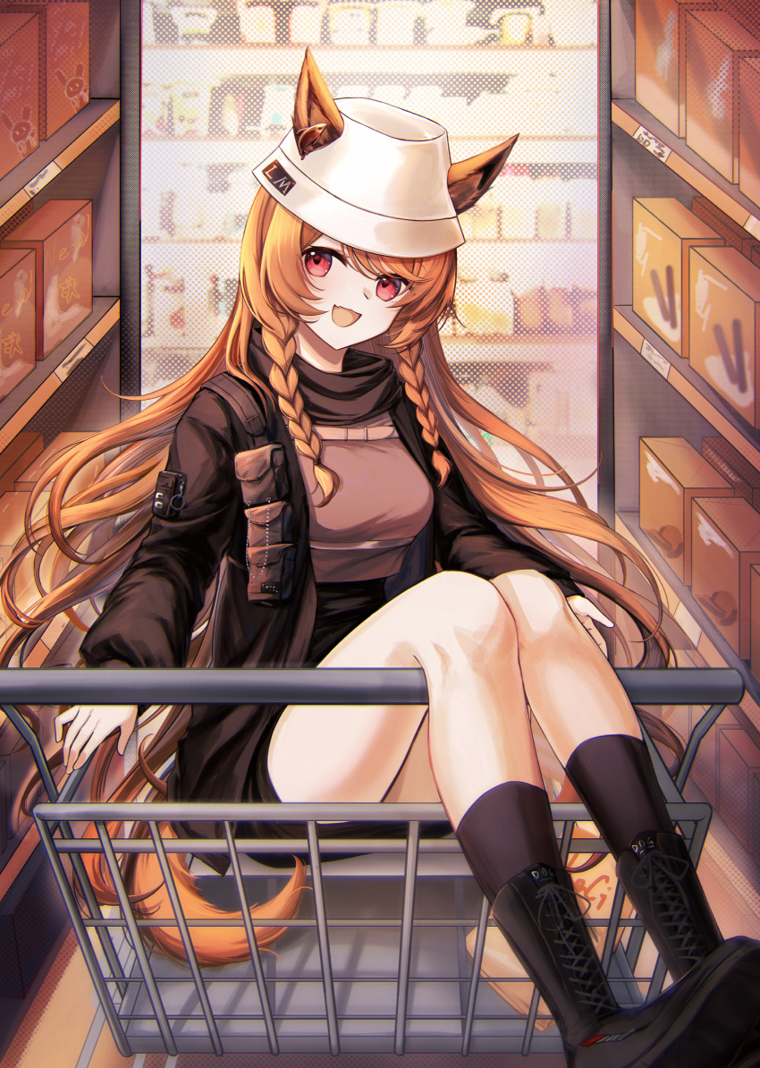 1girl :d absurdres animal_ears arknights black_footwear black_jacket black_legwear black_shorts boots box braid brown_bag brown_hair brown_shirt cardboard_box ceobe_(arknights) ceobe_(unfettered)_(arknights) dog_ears dog_girl dog_tail ears_through_headwear full_body hat highres in_cart jacket long_hair looking_at_viewer mumei_(wocai_guwozai) official_alternate_costume open_clothes open_jacket open_mouth pouch red_eyes shelf shirt shop shopping_cart shorts side_braids sitting smile socks solo tail white_headwear