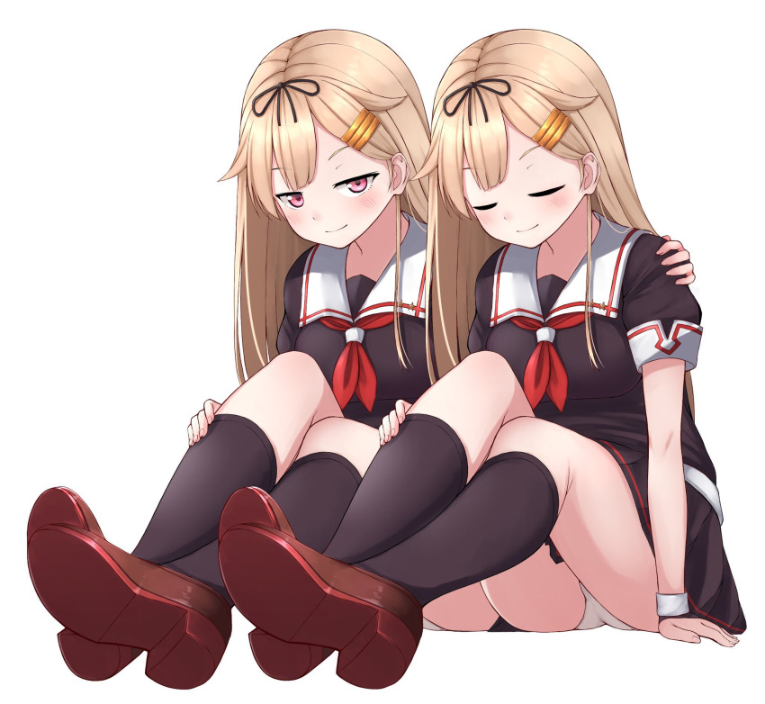 2girls black_gloves black_legwear black_ribbon black_serafuku blonde_hair brown_footwear closed_eyes commentary_request dual_persona fingerless_gloves full_body gloves hair_flaps hair_ornament hair_ribbon hairclip hand_on_another's_shoulder highres kantai_collection kneehighs loafers long_hair looking_at_viewer multiple_girls neckerchief panties pantyshot red_eyes red_neckerchief ribbon school_uniform serafuku shoe_soles shoes simple_background sitting straight_hair tiemu_(man190) underwear white_background white_panties yuudachi_(kancolle) yuudachi_kai_ni_(kancolle)