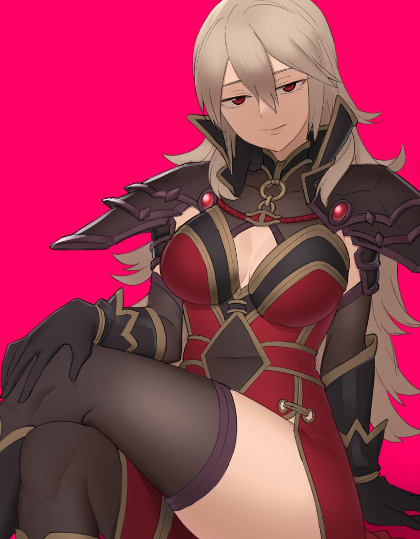 1girl absurdres alternate_costume armor bangs black_gloves black_legwear black_sleeves breasts cleavage_cutout closed_mouth clothing_cutout commentary crossed_legs detached_sleeves dress ebinku english_commentary fire_emblem fire_emblem_echoes:_shadows_of_valentia fire_emblem_heroes gloves grey_hair hair_between_eyes highres large_breasts lips long_hair looking_at_viewer pink_background red_dress red_eyes seductive_smile shoulder_armor simple_background sitting smile solo thighhighs thighs thrasir_(fire_emblem) very_long_hair