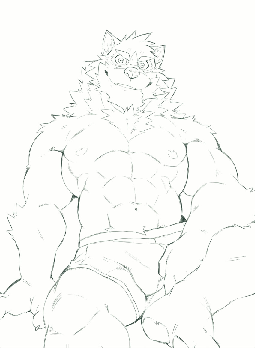 abs absurd_res anthro barrel_(live-a-hero) bulge canid canine canis clothing grin heylaw21 hi_res lifewonders line_art live-a-hero looking_at_viewer male mammal muscular muscular_anthro muscular_male navel nipples pecs smile solo underwear video_games wolf