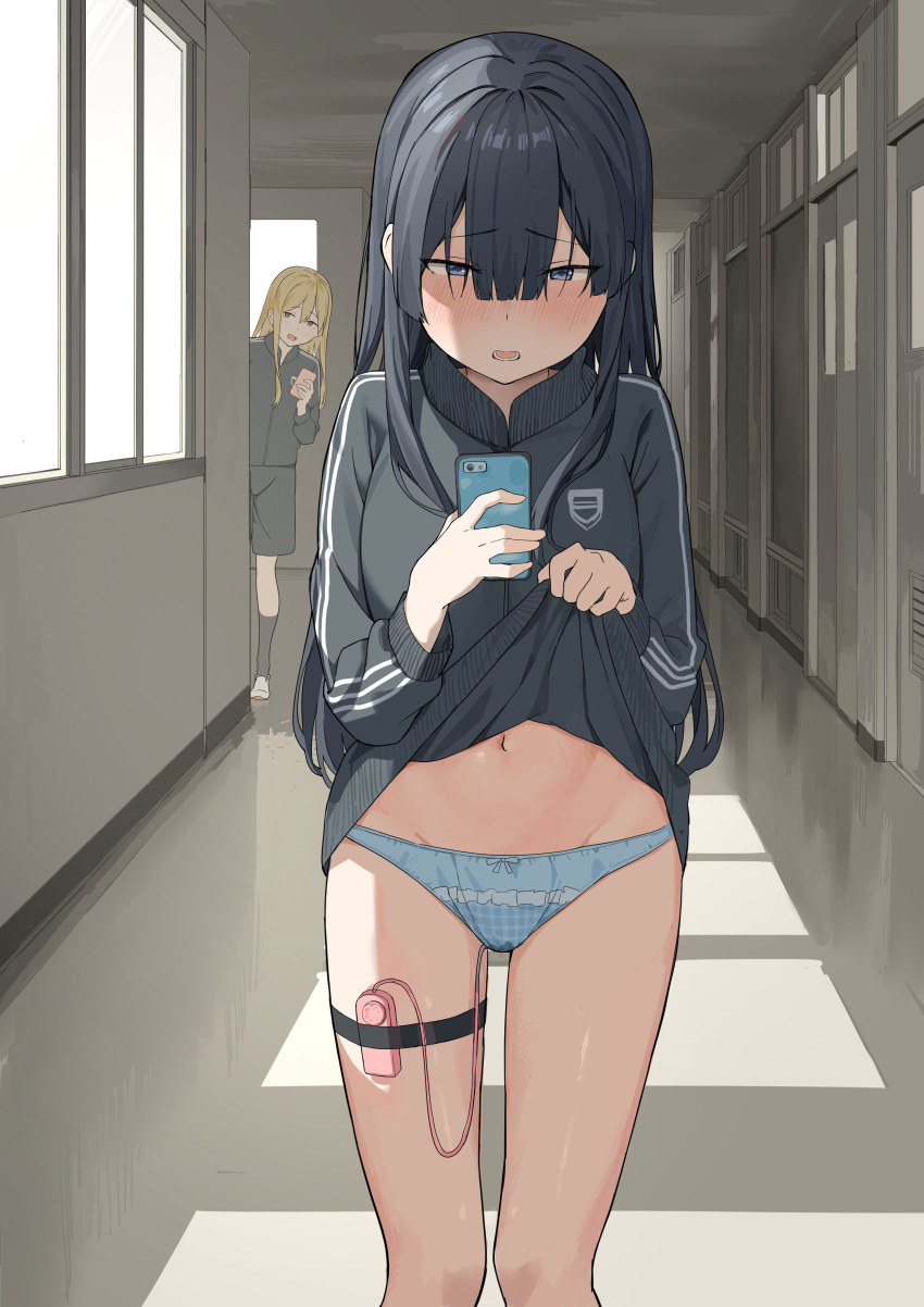 2girls absurdres bangs black_hair black_jacket black_legwear black_shorts blonde_hair blue_eyes blue_panties blunt_bangs blush bow bow_panties breasts cellphone commentary_request controller day door embarrassed flashing flat_chest groin gym_uniform hair_between_eyes half-closed_eyes hallway hand_up hands_up happy highres holding holding_phone indoors jacket jacket_lift kneehighs lemontyoisy_r18 lifted_by_self long_hair looking_at_viewer medium_breasts multiple_girls navel no_pants nose_blush open_mouth original panties peeking_out phone plaid plaid_panties public_indecency remote_control remote_control_vibrator sex_toy shiny shiny_hair shoes shorts sidelocks smartphone smile solo_focus standing stomach straight-on teeth textless_version thigh_strap track_jacket underwear vibrator vibrator_cord wet wet_clothes wet_panties white_footwear window yellow_eyes