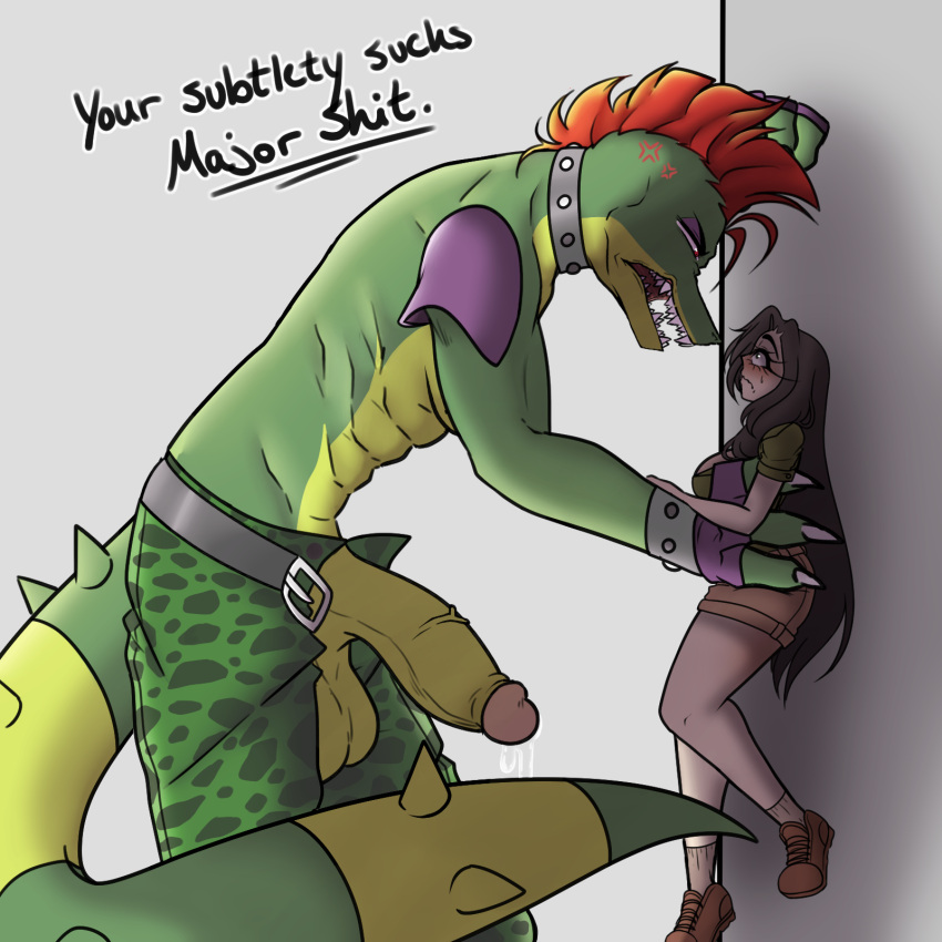 alligator alligatorid animatronic anthro balls belt big_penis blush charlie_(fnaf) clothing crocodilian duo erection female five_nights_at_freddy's five_nights_at_freddy's:_security_breach genitals green_body gshattering hair hi_res human machine male male/female mammal montgomery_gator_(fnaf) penis reptile robot scalie scottgames two_tone_tail unzipped video_games