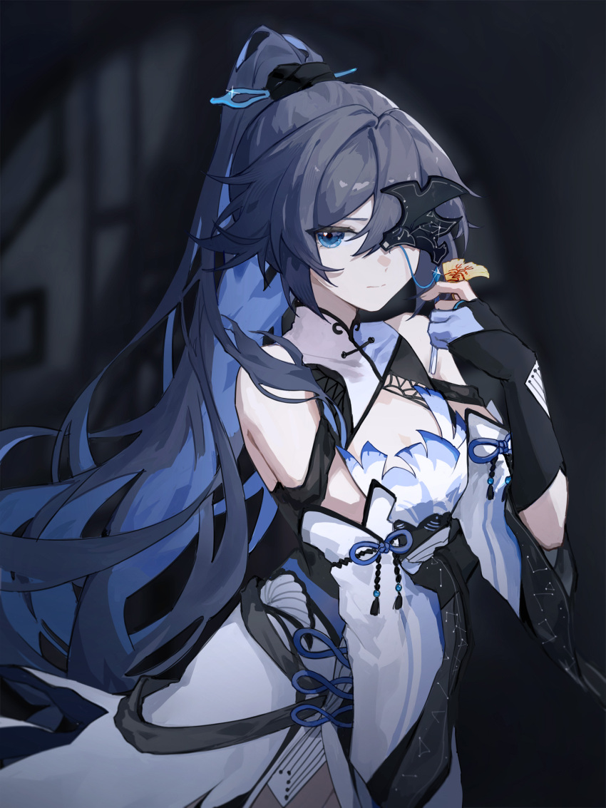 1girl bangs bare_shoulders black_background black_gloves black_hair blue_eyes china_dress chinese_clothes closed_mouth detached_sleeves dress fu_hua gloves hair_between_eyes highres honkai_(series) honkai_impact_3rd long_hair looking_at_viewer one_eye_covered partially_fingerless_gloves ponytail qqqne solo white_dress white_sleeves