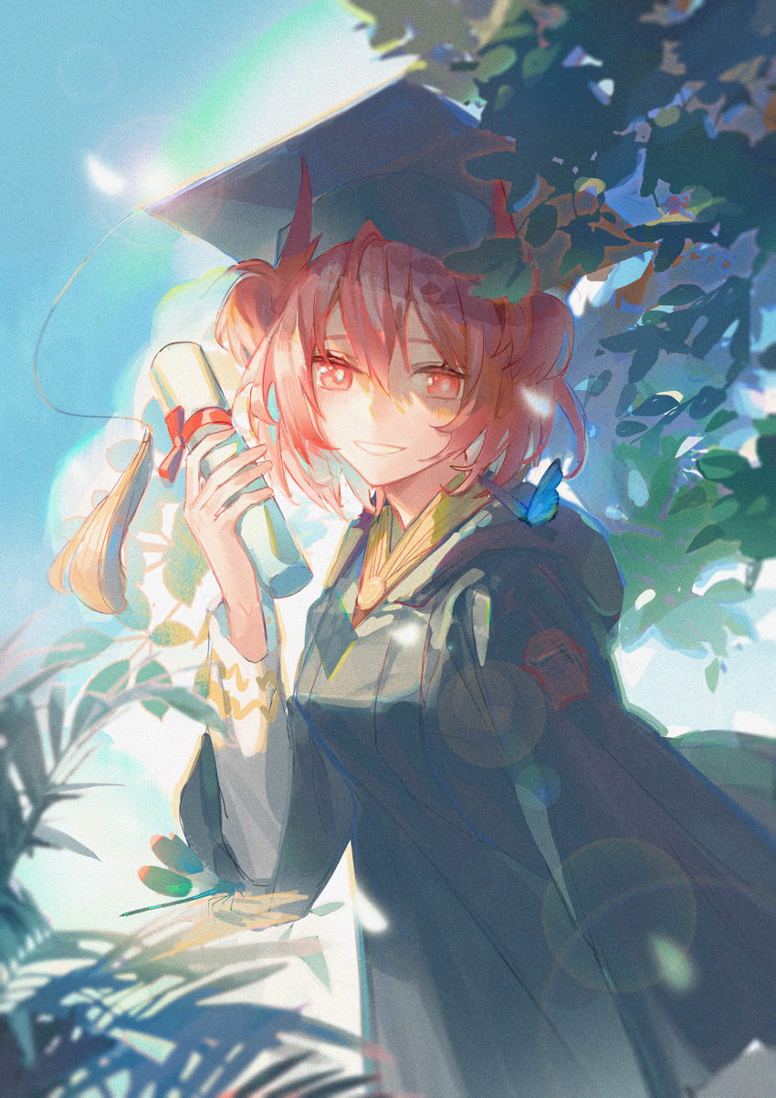 1girl animal_ears arknights bird_ears black_dress black_headwear blue_butterfly blue_sky bug butterfly clenched_teeth cowboy_shot diploma dress fiammetta_(arknights) hair_between_eyes hand_up hat highres holding holding_paper leaf lens_flare long_sleeves looking_at_viewer luren_max mortarboard outdoors paper parted_lips red_eyes short_hair sky smile solo tassel teeth