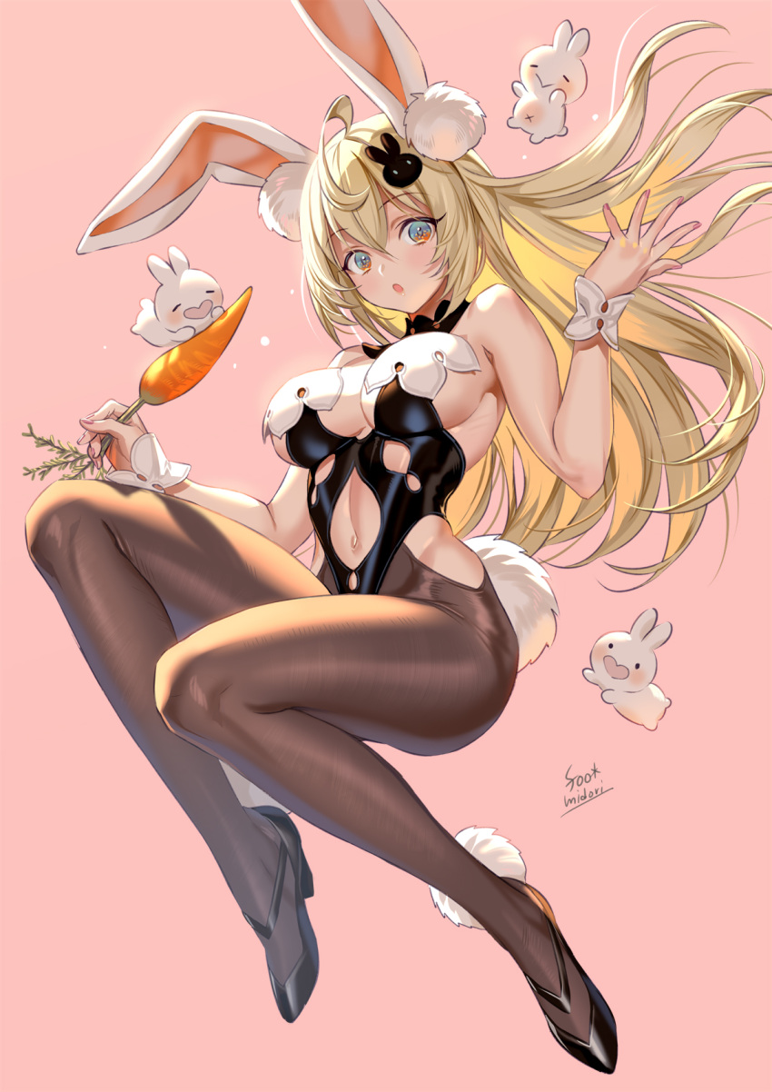 1girl :o ahoge animal_ears artist_name banned_artist bare_shoulders black_footwear blonde_hair blue_eyes blush breasts brown_legwear bunny_hair_ornament carrot cleavage clothing_cutout commentary full_body hair_ornament high_heels highres holding large_breasts long_hair looking_at_viewer midori_foo multicolored_eyes navel navel_cutout open_mouth orange_eyes original pantyhose pink_background playboy_bunny rabbit rabbit_ears rabbit_girl rabbit_tail simple_background solo tail very_long_hair wrist_cuffs