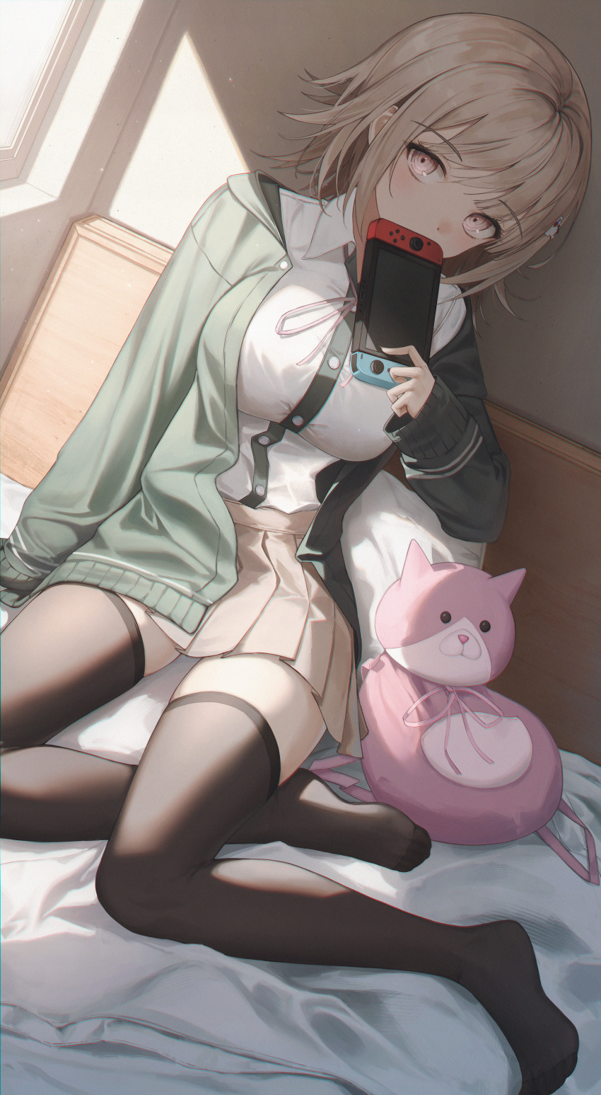 1girl absurdres animal_bag bangs blush breasts brown_legwear cardigan cat_bag collared_shirt covered_mouth covering_mouth danganronpa_(series) danganronpa_2:_goodbye_despair dress_shirt dutch_angle flippy_(cripine111) full_body galaga game_console green_sweater hair_ornament highres holding hope's_peak_academy_school_uniform indoors large_breasts legs light_brown_hair looking_at_viewer nanami_chiaki no_shoes on_bed open_cardigan open_clothes pink_eyes pleated_skirt school_uniform shirt shirt_tucked_in short_hair sidelocks sitting skirt sleeves_past_wrists solo sunlight sweater thighhighs white_shirt zettai_ryouiki