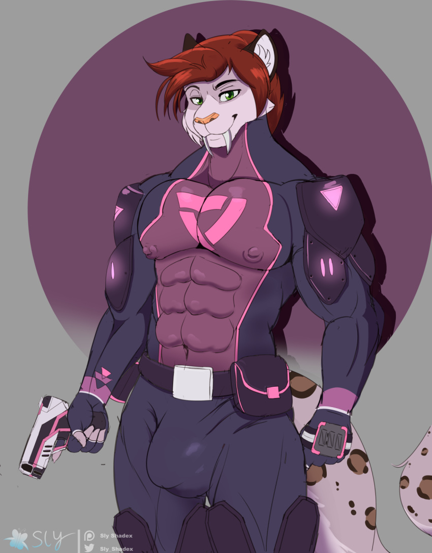 5_fingers abs anthro armor belt biceps bulge clothing colored_sketch felid fingers green_eyes hair hi_res looking_at_viewer male mammal muscular muscular_anthro muscular_male nipple_piercing nipples pantherine pecs piercing ranged_weapon red_hair simple_background sketch sly_shadex snow_leopard solo tight_clothing weapon