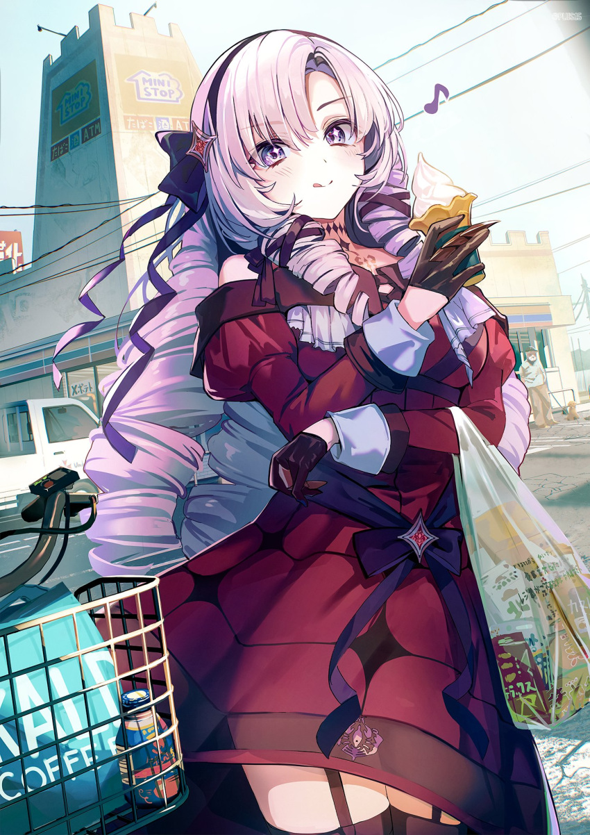 1girl :q bag bangs bicycle_basket black_hairband blush breasts brown_gloves chest_tattoo choker closed_mouth cowboy_shot day dress drill_hair food garter_straps gloves hair_ribbon hairband highres holding holding_food hyakumantenbara_salome ice_cream juliet_sleeves kagawa_ichigo large_breasts long_hair long_sleeves looking_at_viewer musical_note nijisanji off_shoulder puffy_sleeves purple_eyes purple_hair purple_ribbon red_dress ribbon road shopping_bag solo_focus standing street tattoo thighhighs tongue tongue_out very_long_hair virtual_youtuber