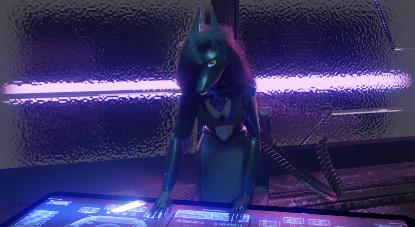 anthro blue_glow canid canine canis clothing cyberpunk female fox future glass hi_res jackal mammal neon_lights science_fiction solo synthetic the_dark_skull wolf