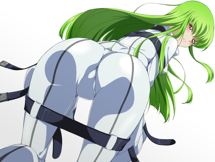 1girl absurdres all_fours ass belt bent_over bodysuit c.c. code_geass floating_hair from_behind green_hair highres long_hair looking_at_viewer looking_back parted_lips shou937 solo white_bodysuit yellow_eyes