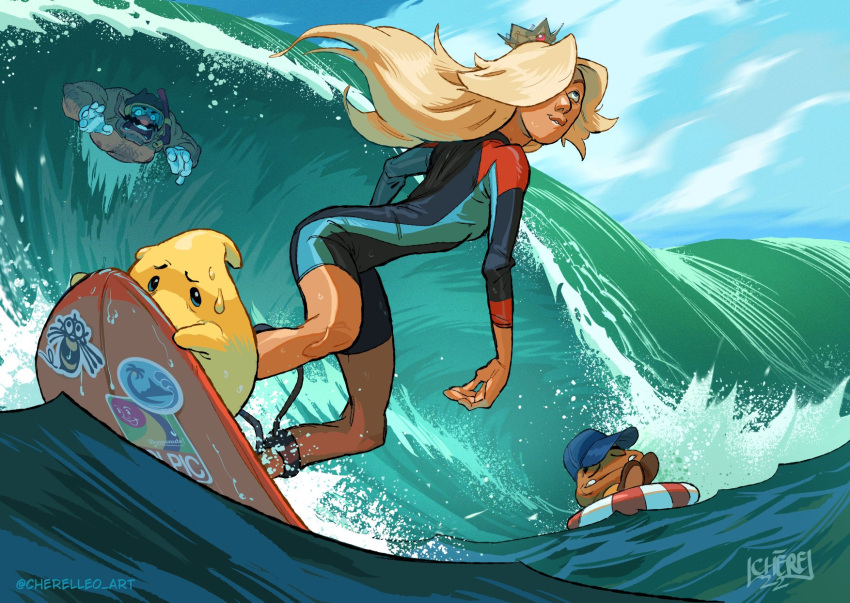 1girl alternate_costume beach bodysuit crown dark-skinned_female dark_skin goombario hair_over_one_eye highres leo_cherel long_hair looking_up luma_(mario) mario_(series) outdoors rosalina signature smile super_mario_galaxy surfing wario wetsuit