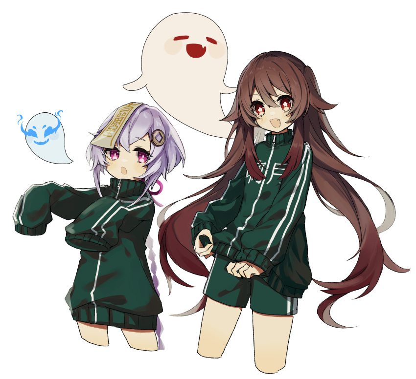 1225ka 2girls :d brown_hair coin_hair_ornament colored_tips commentary_request cropped_legs fang flower-shaped_pupils genshin_impact green_jacket green_shorts hair_between_eyes hair_ornament highres hitodama hu_tao_(genshin_impact) jacket jiangshi long_hair long_sleeves looking_at_viewer multicolored_hair multiple_girls ofuda open_mouth purple_eyes purple_hair qiqi_(genshin_impact) short_hair shorts sidelocks simple_background skin_fang sleeves_past_fingers sleeves_past_wrists smile squid_game symbol-shaped_pupils track_jacket white_background
