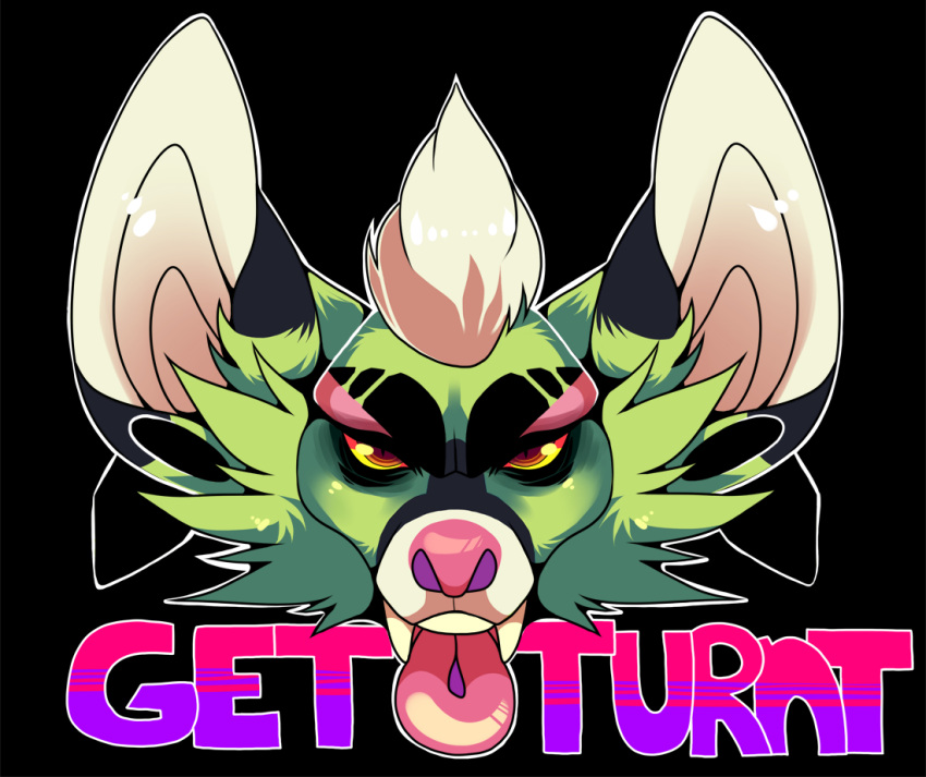 black_body black_ears black_fur black_piercing cheek_tuft ear_piercing facial_tuft fangs front_view fur gauged_ear glistening glistening_eyes green_body green_fur hair headshot_portrait looking_at_viewer open_mouth orange_eyes piercing pink_nose pink_tongue portrait princelykaden solo tongue tongue_out tuft white_hair white_inner_ear