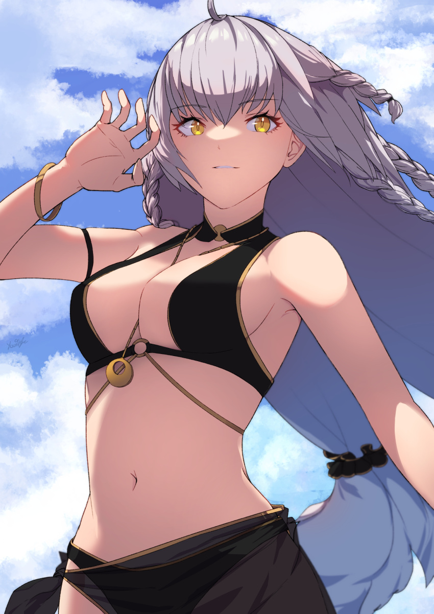1girl bangs bare_shoulders bikini black_bikini blue_sky braid breasts chienon cleavage collarbone fate/grand_order fate_(series) grey_hair highres jeanne_d'arc_alter_(fate) jeanne_d'arc_alter_(festival_outfit)_(fate) jewelry large_breasts long_hair looking_at_viewer multiple_braids necklace o-ring o-ring_bikini official_alternate_costume quad_braids sarong sky smile solo swimsuit thighs very_long_hair yellow_eyes
