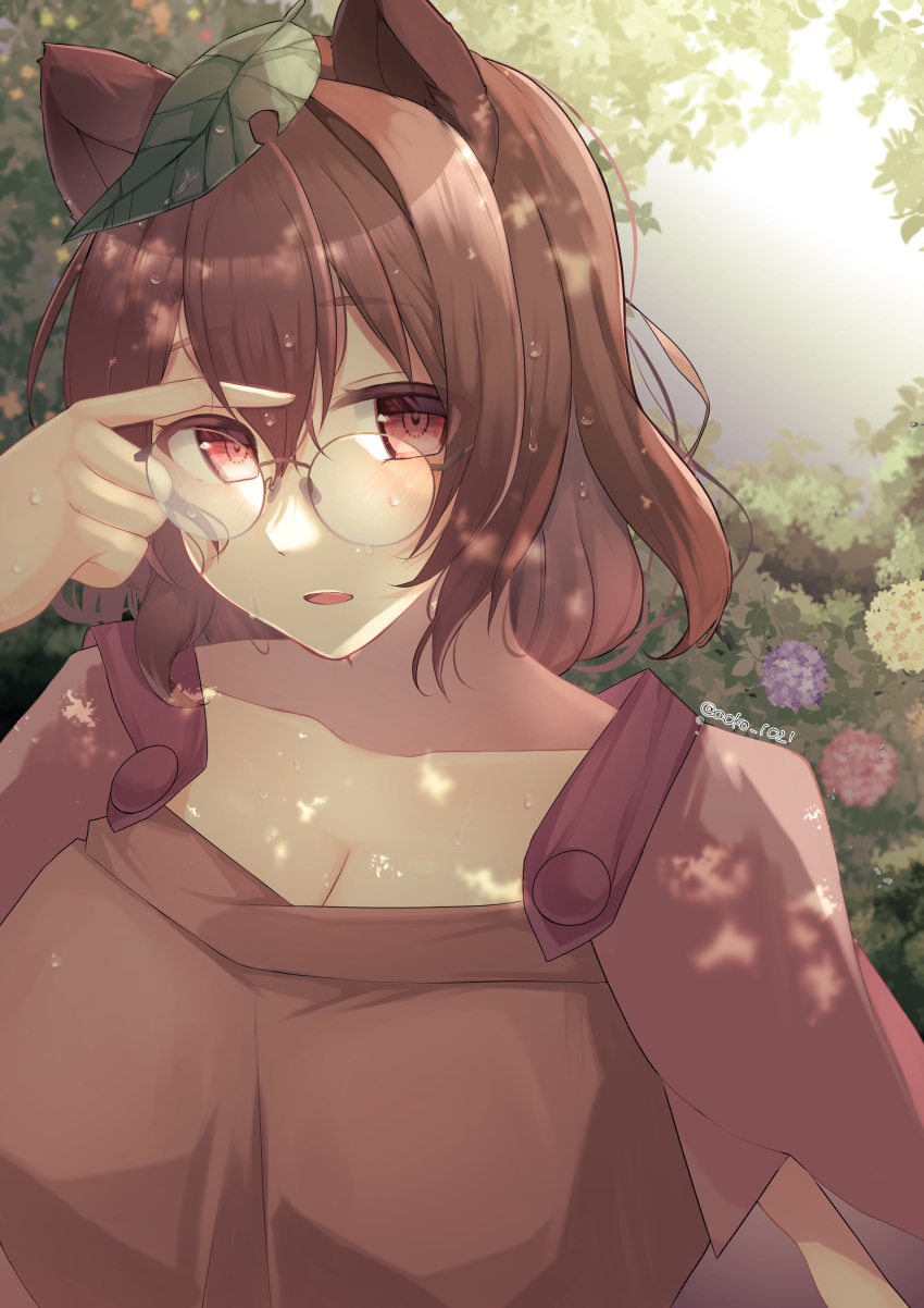 1girl absurdres animal_ears aoko_(myut7287) bangs breasts brown_eyes brown_hair brown_shirt cleavage futatsuiwa_mamizou glasses highres leaf leaf_on_head looking_at_viewer open_mouth outdoors raccoon_ears raccoon_girl shirt short_hair short_sleeves solo touhou wet wet_hair