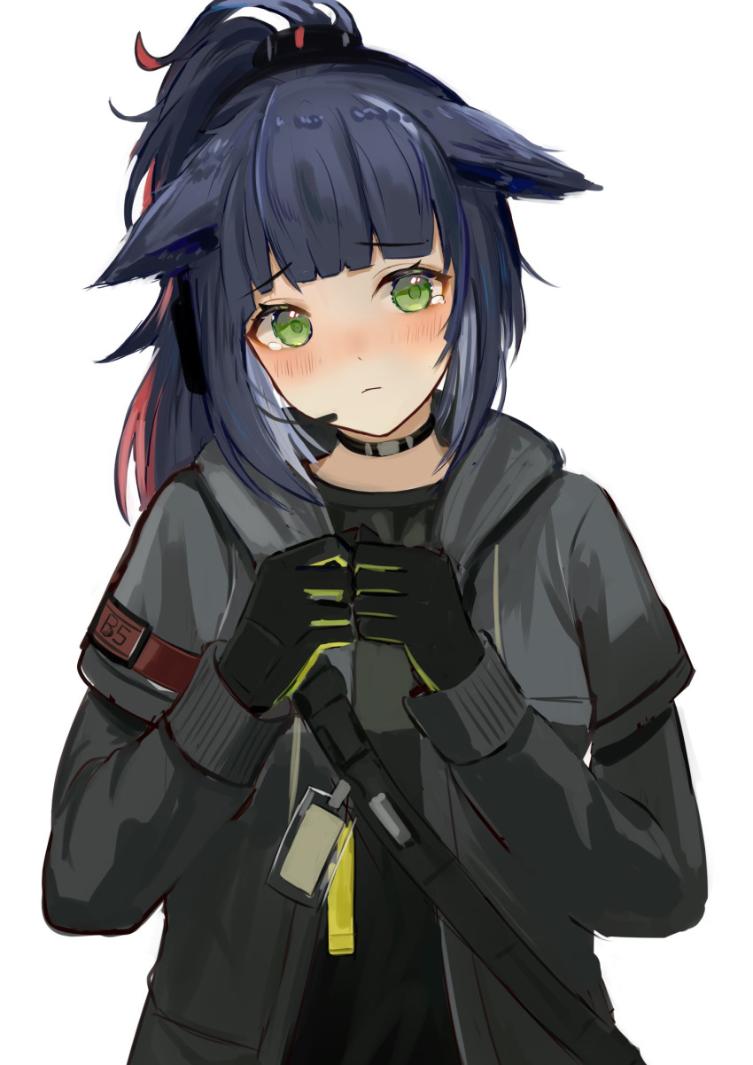 1girl arknights azuazu_0405 black_choker black_gloves black_shirt blue_hair blush chest_strap choker gloves green_eyes green_gloves grey_jacket head_tilt headset highres id_card implied_extra_ears jacket jessica_(arknights) long_sleeves looking_at_viewer multicolored_hair open_clothes open_jacket own_hands_together pink_hair ponytail shirt simple_background solo streaked_hair tearing_up two-tone_gloves upper_body white_background