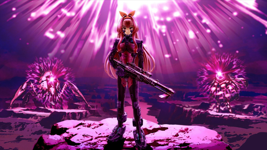 1boy alien beta_(muvluv) cosplay explosion fortified_suit gun hair_ribbon highres holding holding_gun holding_weapon indie_virtual_youtuber kagami_sumika kagami_sumika_(cosplay) long_hair looking_at_viewer male_focus mass_effect_(series) mass_effect_3 mecha muvluv muvluv_alternative orange_ribbon otoko_no_ko pilot_suit popmaru_chuui reaper_(mass_effect) red_hair ribbon rifle robot science_fiction sniper_rifle standing vidya_(vtuber) virtual_youtuber weapon